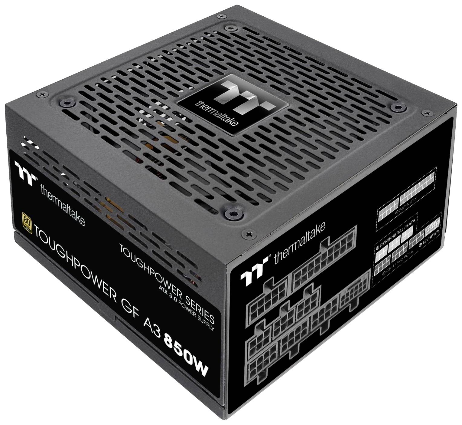 Black PC power supply 'Thermaltake Toughpower GF A3 850W' with ventilation slots and connectors, suitable for high-performance computers.
