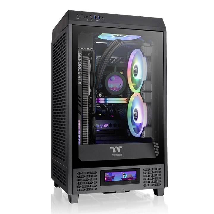 A black computer case with a glass front reveals internal hardware components with colourful RGB lighting, including fans and graphics card.