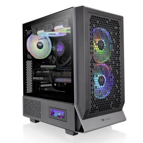 Transparent PC case reveals illuminated LED fans and visible hardware components, including a graphics card labelled 'GEFORCE RTX'.