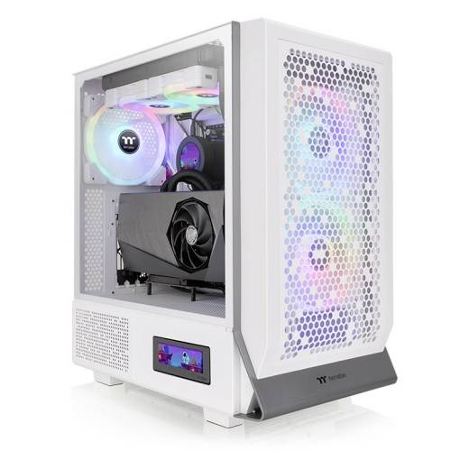 White gaming PC cases with RGB lighting and multiple fans visible through a side window.