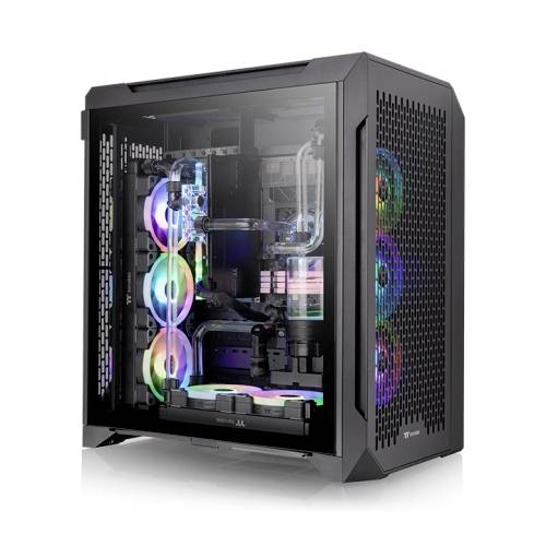 A PC case with a transparent front reveals colourful LED-illuminated fans and a water cooling system inside.