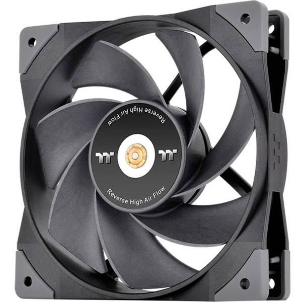 A black computer fan with a grey frame is spinning. 'Reverse High Air Flow' is written on the hub. Essential for cooling systems.