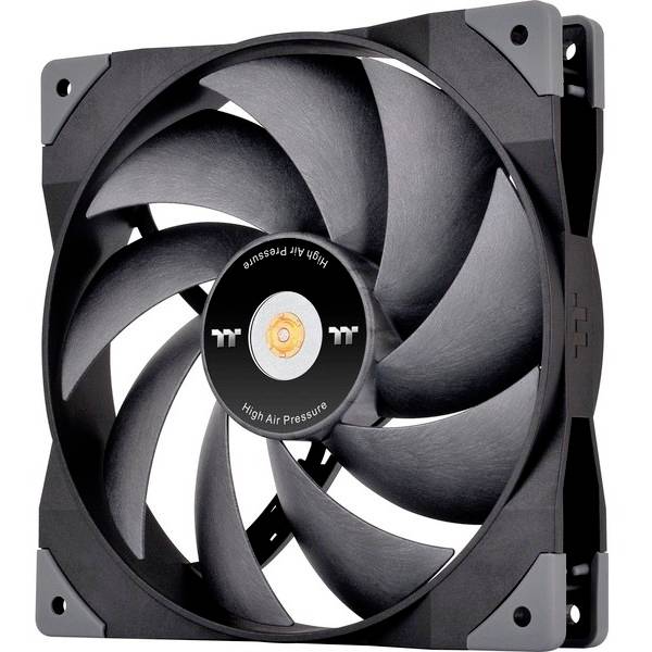 Computer fan with a black casing and seven large, curved blades. Designed for high air pressure, used in PCs.