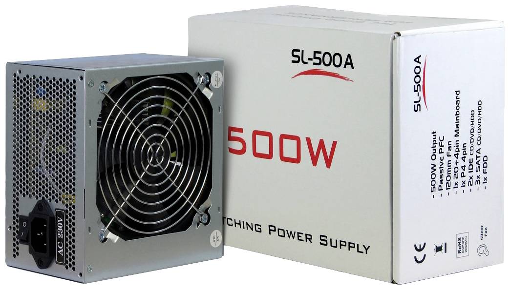 PC power supply with a fan next to a package labelled '500W SL-500A', specifying voltage outputs and connections.