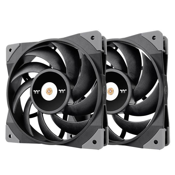 Two black computer fans side by side, with seven blades and a square frame, designed for cooling electronic devices.