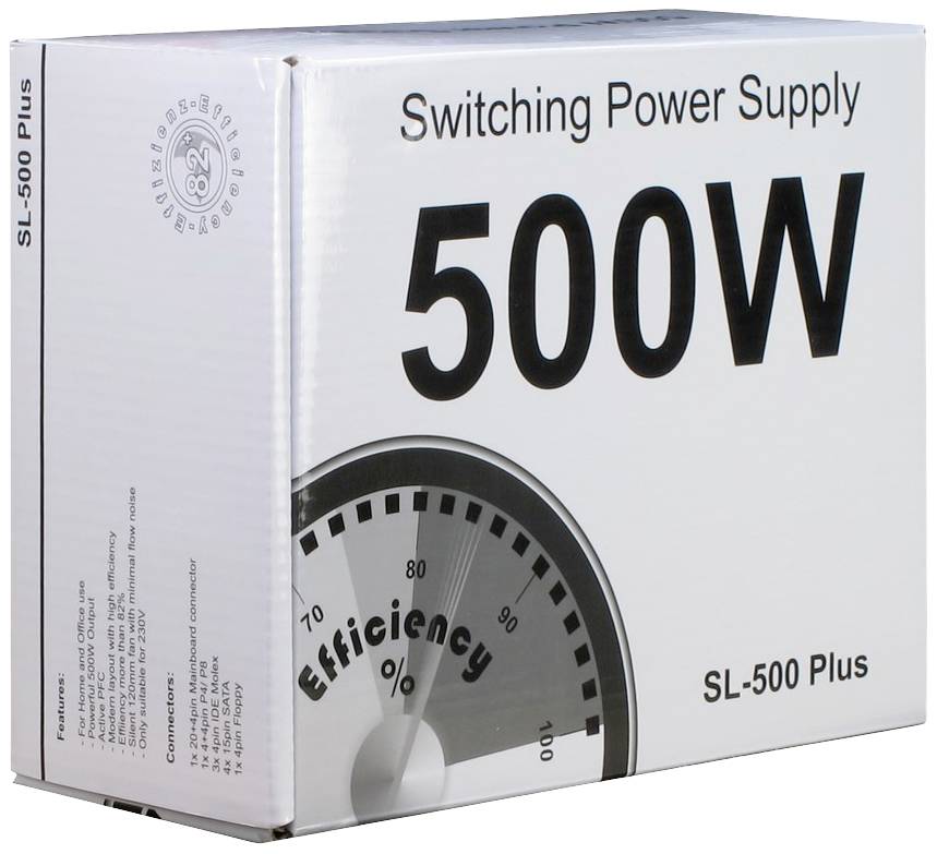 White packaging of a power supply unit with the inscription 'Switching Power Supply 500W'. An efficiency diagram is depicted.