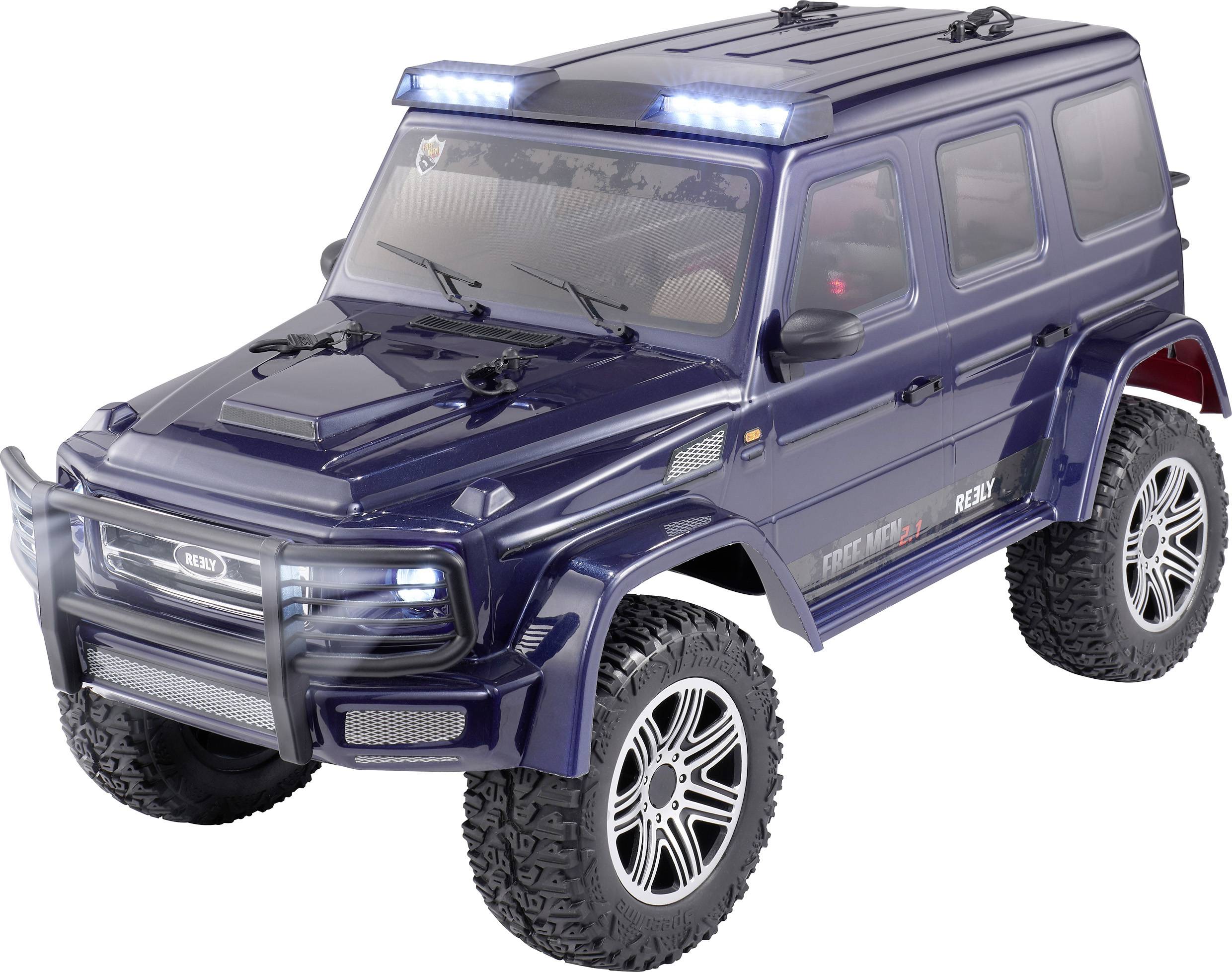 Dark blue remote-controlled off-road vehicle with large tyres and illuminated LED lights on the roof.