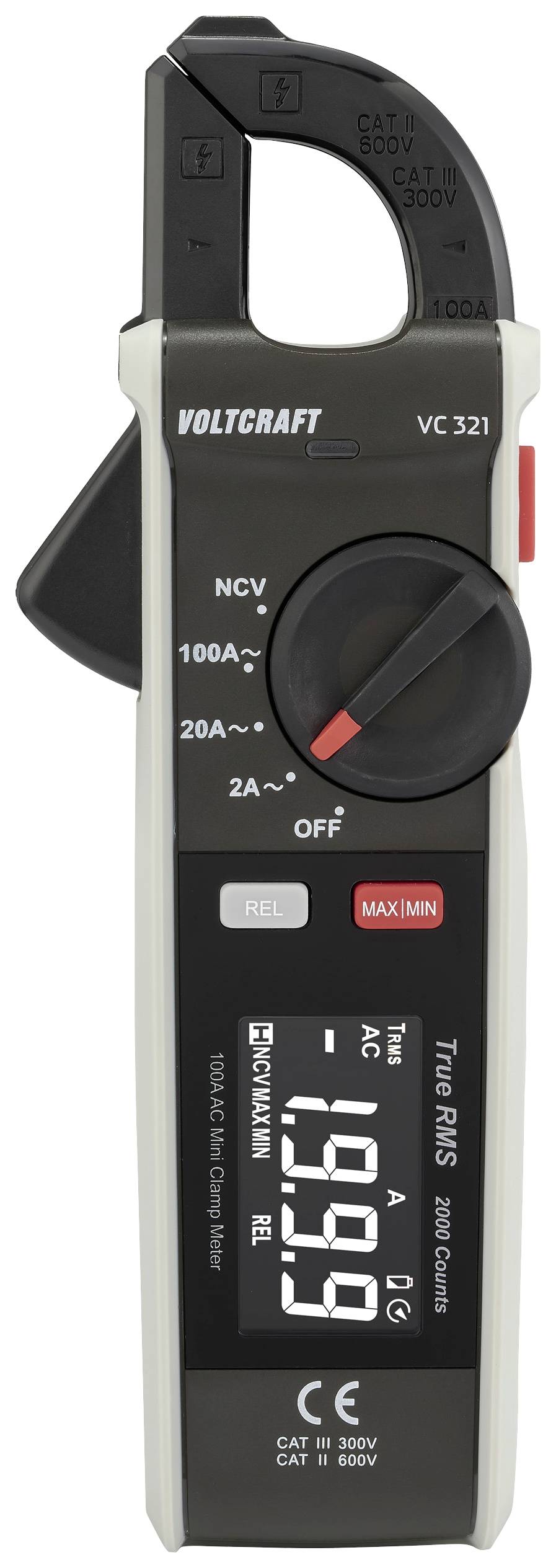 Zange-Multimeter shows 19.99 amperes. Functions: True RMS, AC/DC measurements, maximum current 100 A. Brand name at the top.