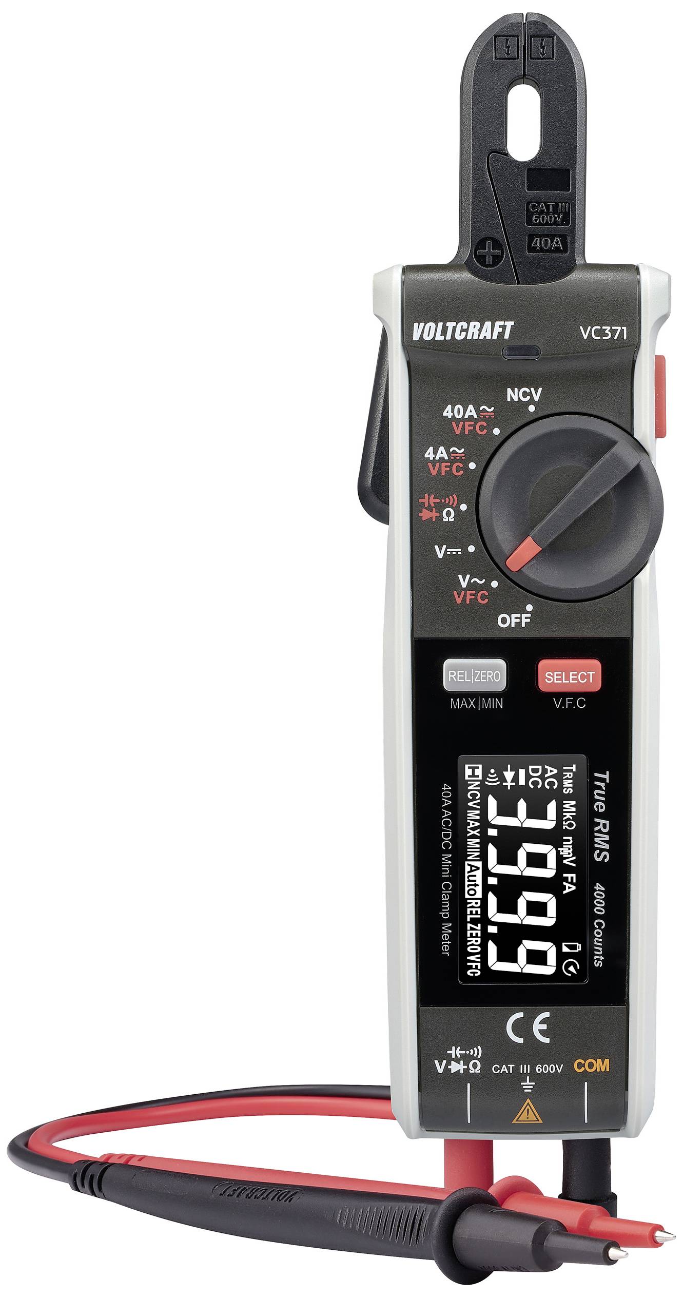 Digital multimeter with display, clamps and test leads, suitable for voltage and current measurements, brand Voltcraft, model VC371.