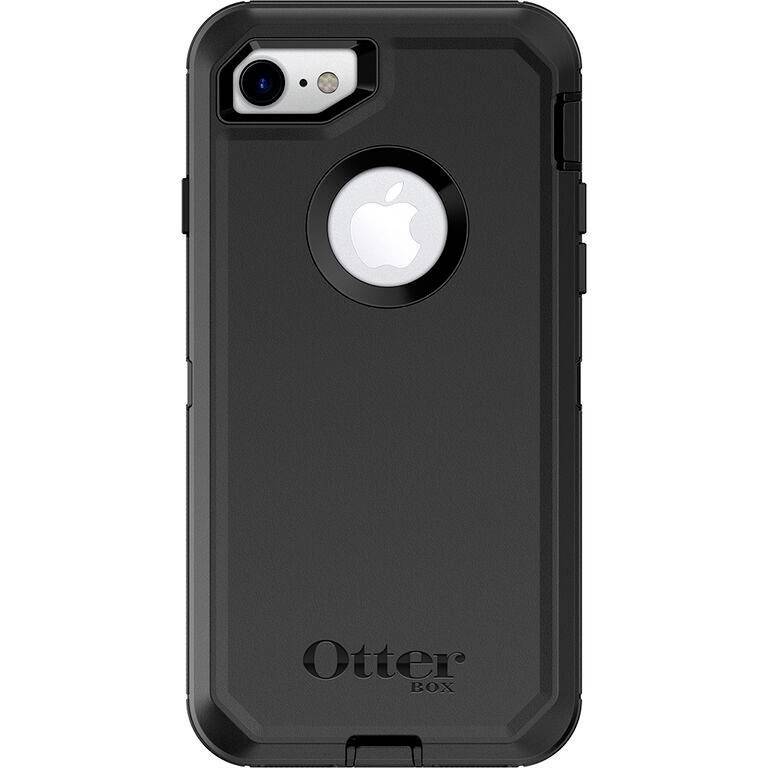 Black mobile phone case by OtterBox with Apple logo cut-out, suitable for iPhone model, offers protection and robust design.