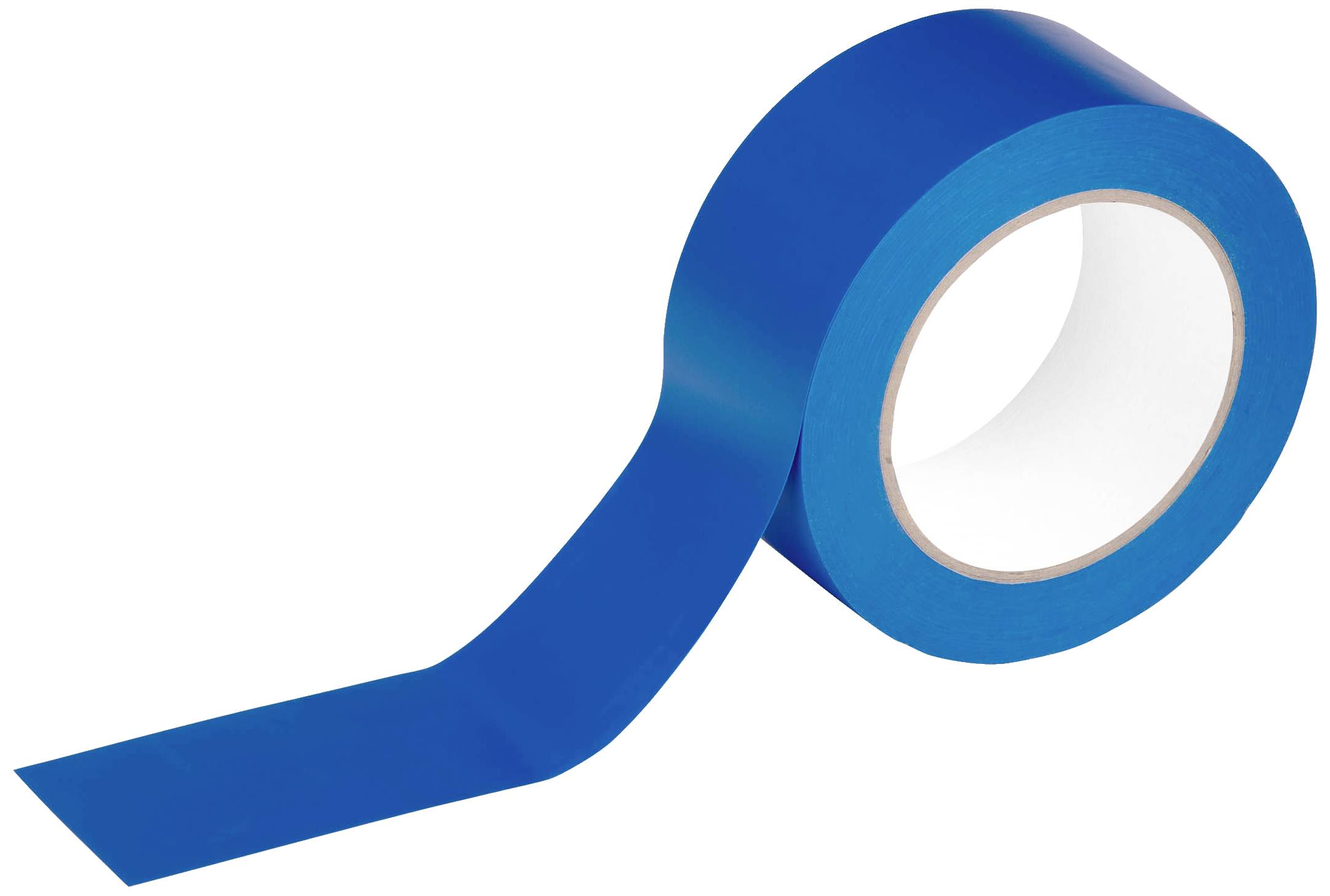 A roll of blue adhesive tape with an unrolled strip on a white background.