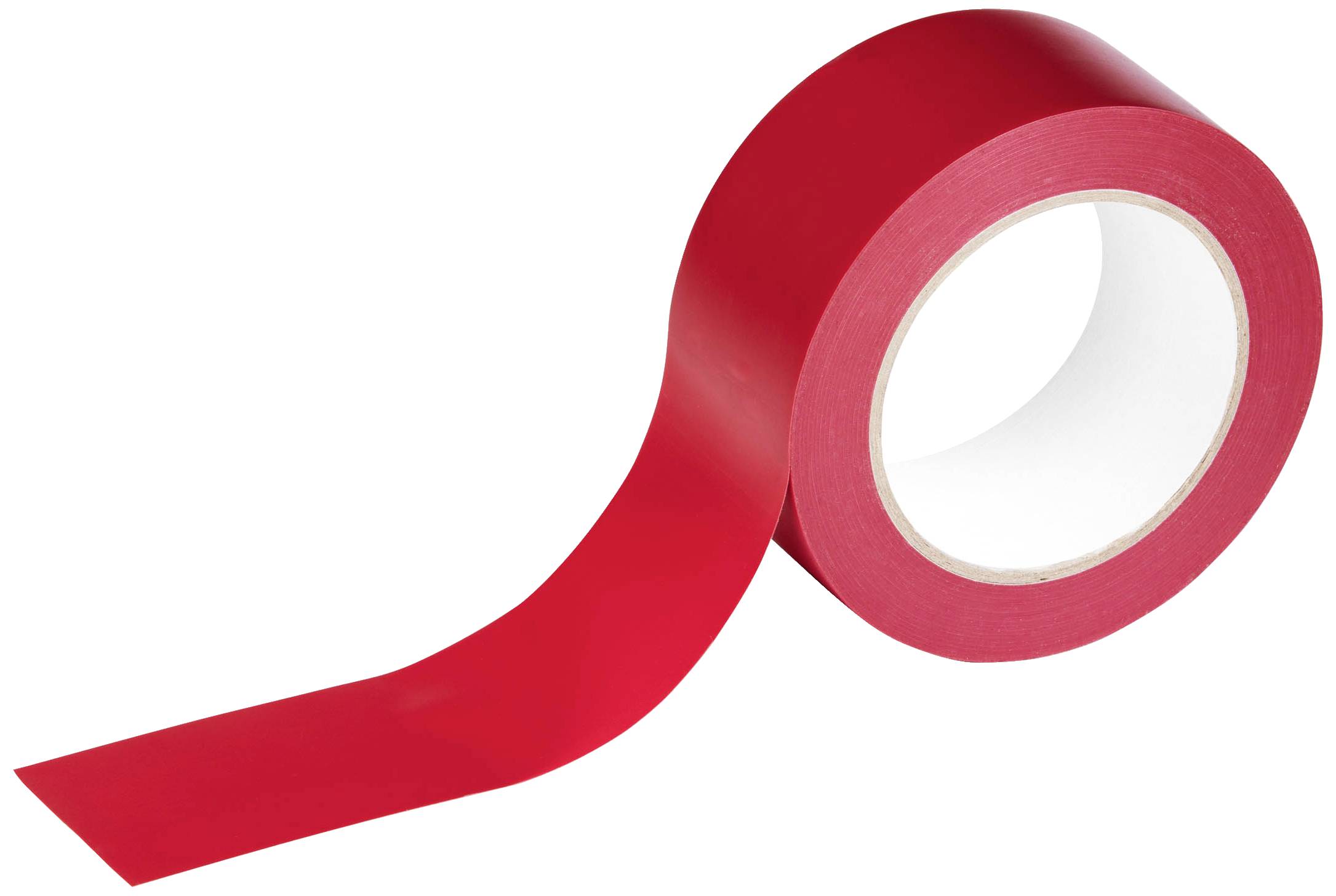 A red roll of adhesive tape with an unrolled end piece, set against a white background.