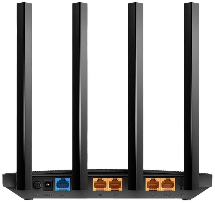 Rear view of a black Wi-Fi router with four aerials, a blue WAN port, three orange LAN ports, and a power socket.
