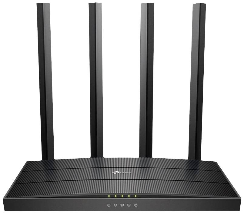 Wireless router with four aerials and five status lights on the front.