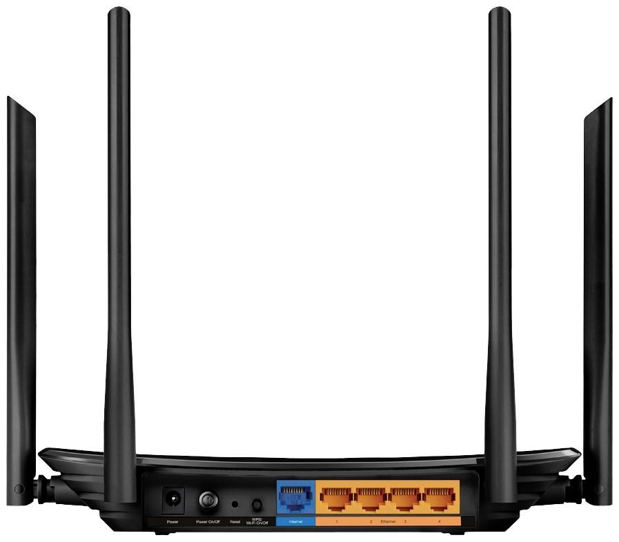 A Wi-Fi router with four aerials and multiple Ethernet ports on the back, showing connection options for network cables.