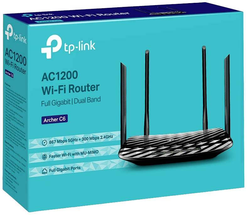 A packaging displays a TP-Link AC1200 Wi-Fi Router with dual-band and full Gigabit support, model Archer C6.