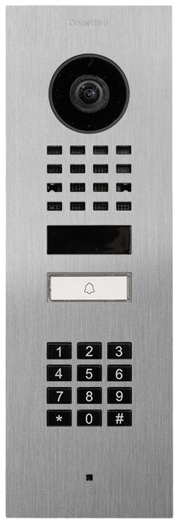 Simple metal door intercom panel with camera at the top, speaker, doorbell button, and number pad for code entry.