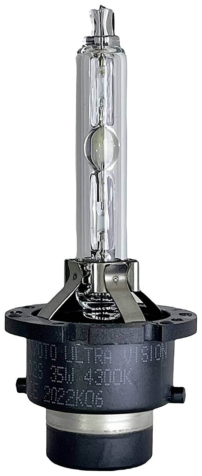 Light bulb with a clear glass tube and metal contacts, vertically positioned.