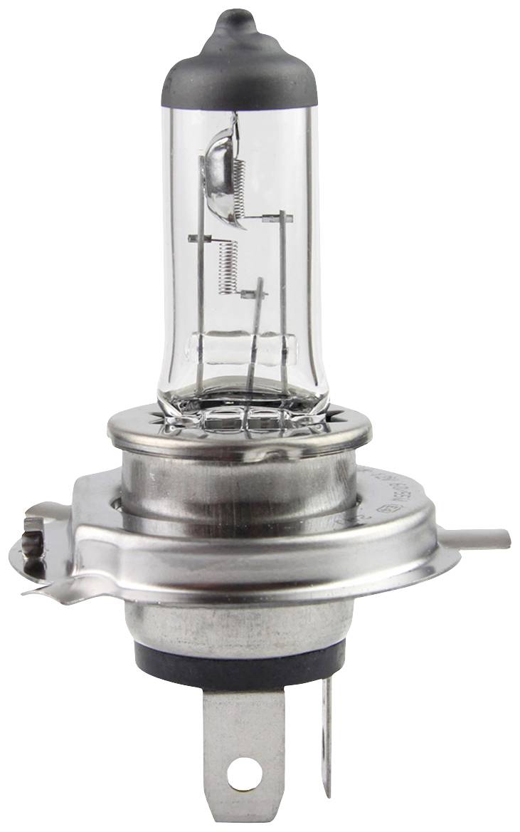 A clear halogen car headlight with a metal base and two contacts, standing vertically against a white background.