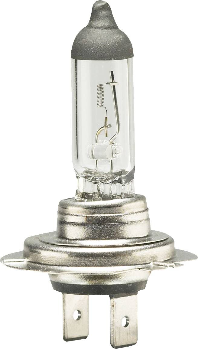 A halogen lamp with metal connectors and a transparent glass cylinder. It is suitable for replacement in headlamps or lamps.