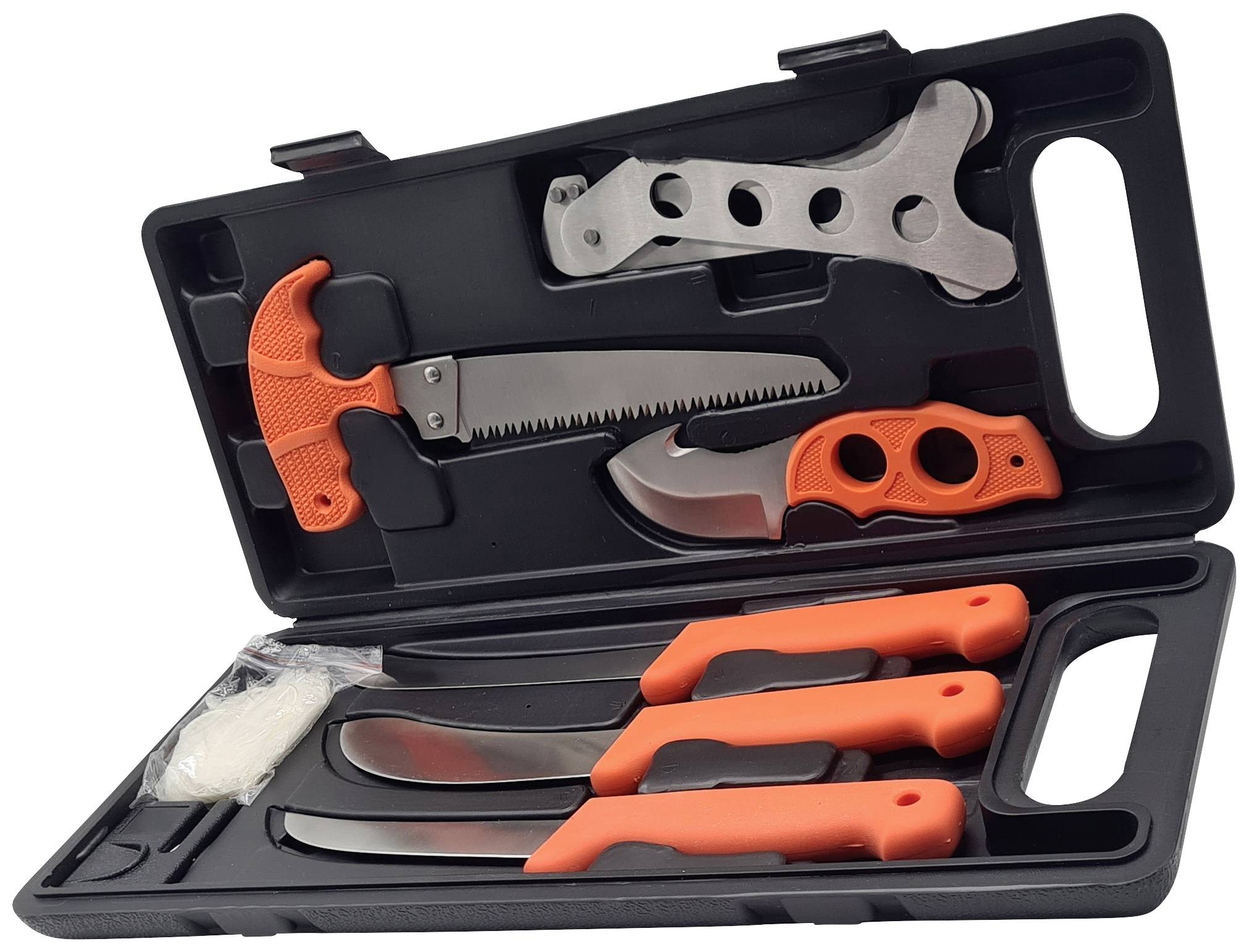 Hunting knife set, including saw blade and hook knife, in black plastic case with orange handles.