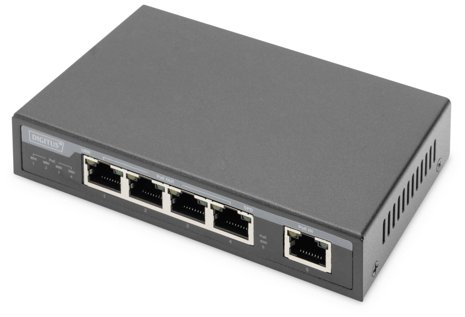 Compact black network switch with five Ethernet ports, suitable for use in small offices or home offices to connect network devices.