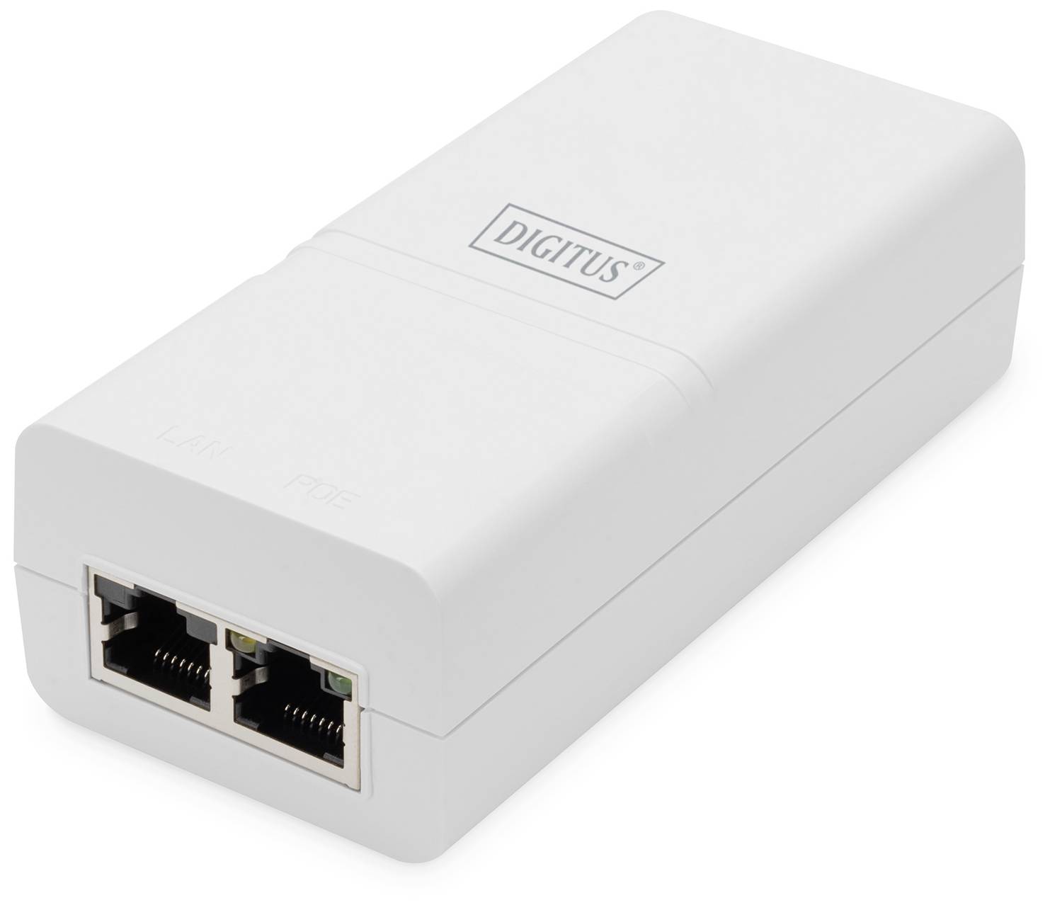 White PoE adapter with two Ethernet ports and 'DIGITUS' printed on the top surface.