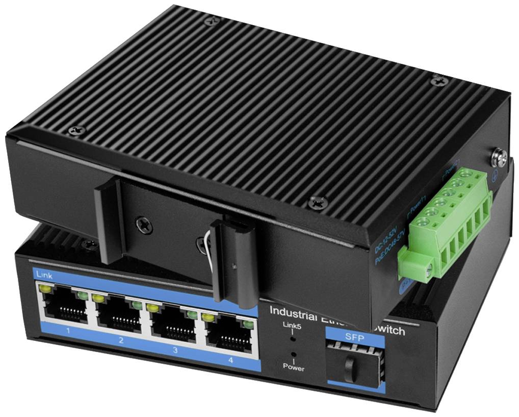 Industrial Ethernet switch with four PoE ports and an SFP port, designed for use in network environments.