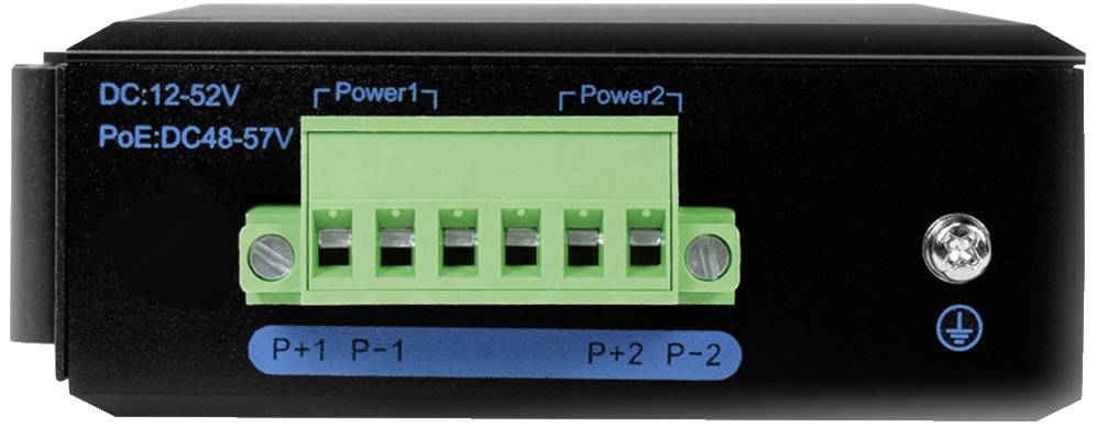 A black device with green connections, labelled 'Power1' and 'Power2'. On the side, there is a blue LED and voltage indications.