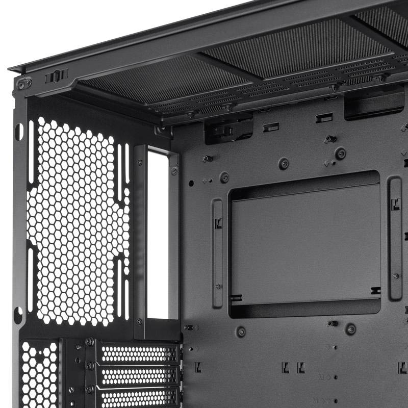 Open metal computer case with view of interior. Back panel and ventilation grilles are visible. No components installed.
