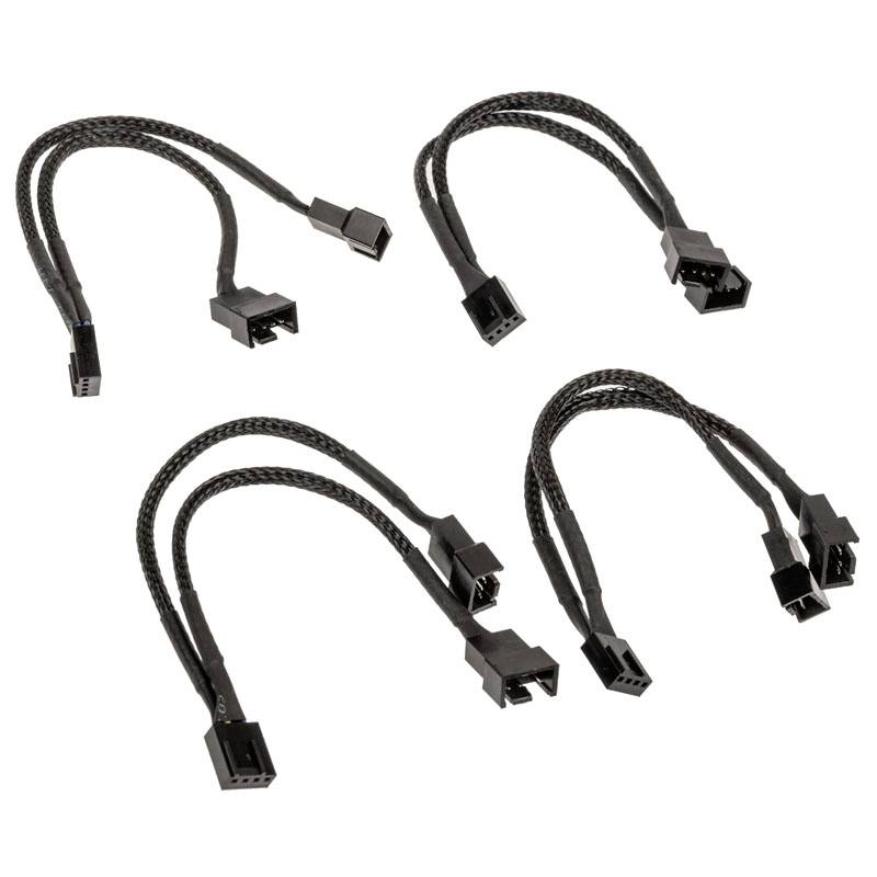 A set of four black braided cable splitters, each splitting one connection into two additional connections.
