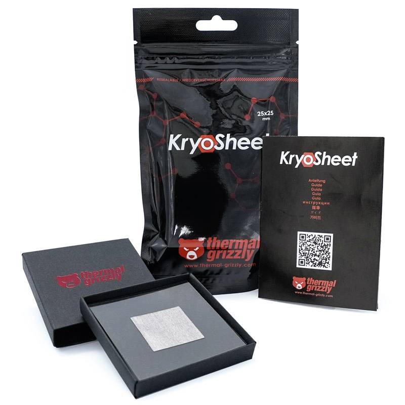 Packaging and product of KryoSheet by Thermal Grizzly: A square cooling mat in a black box in front of an opened bag.