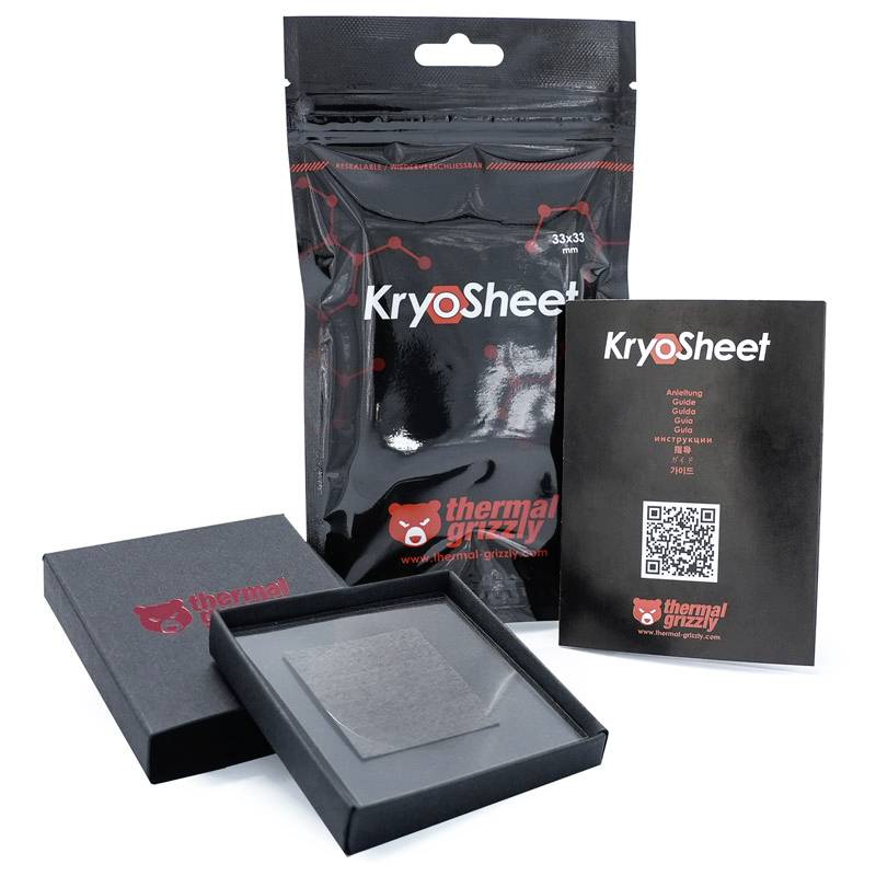 Packaging for 'KryoSheet' by Thermal Grizzly, consisting of a black bag and a black packaging with QR code.