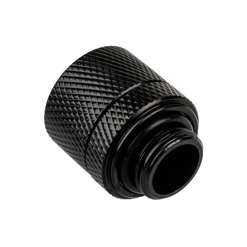 A black, cylindrical metal connector with a knurled surface for joining pipes or hoses in technical installations.
