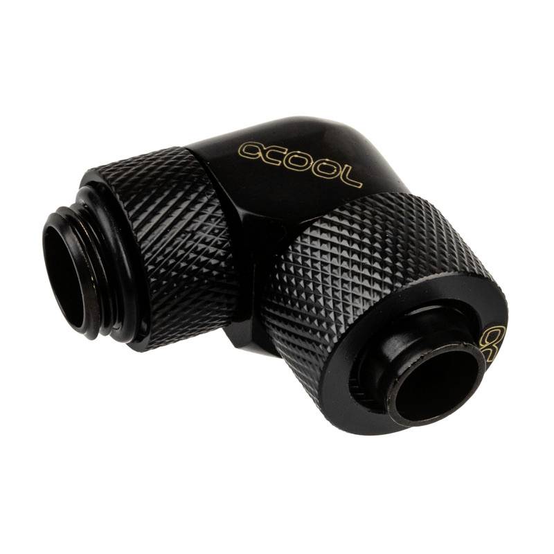 A black, right-angled connector for cooling systems with a knurled surface and the text 'OCool'.