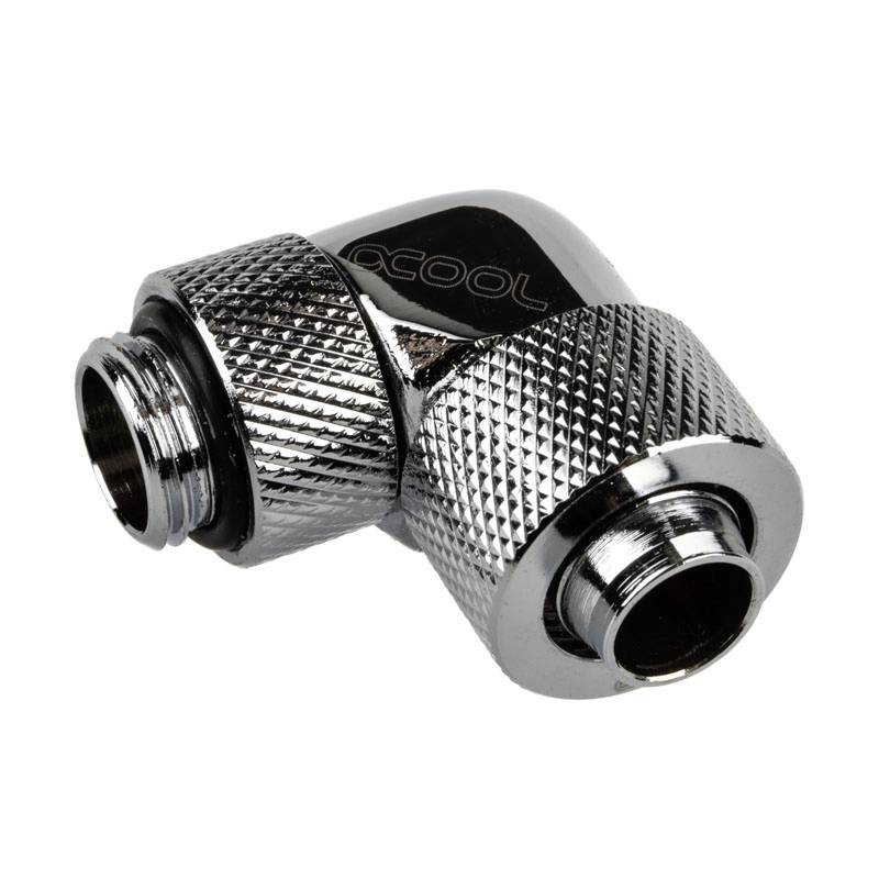 A chrome-plated angle adapter with knurled ends and two threaded connections, possibly for water cooling systems.
