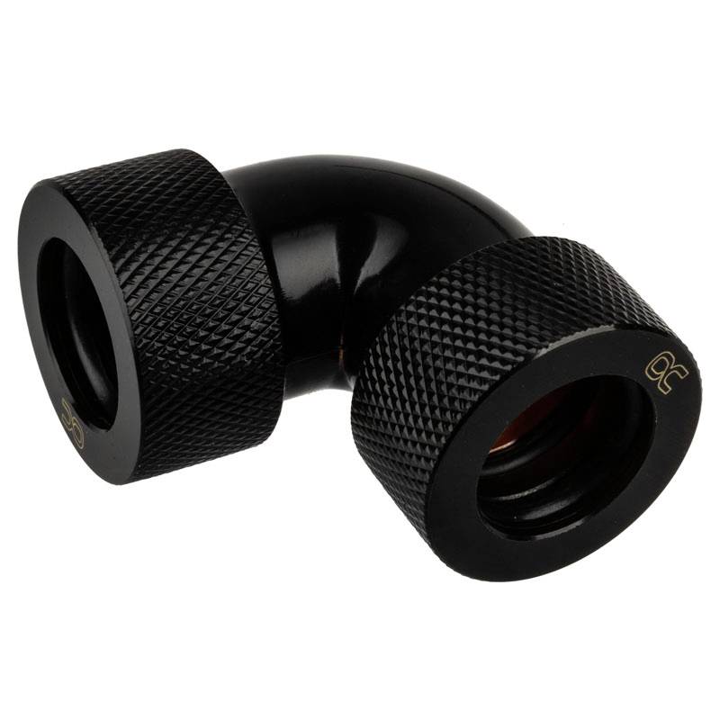 A black 90-degree angled connector with knurled texture, used for pipe connections in technical applications.