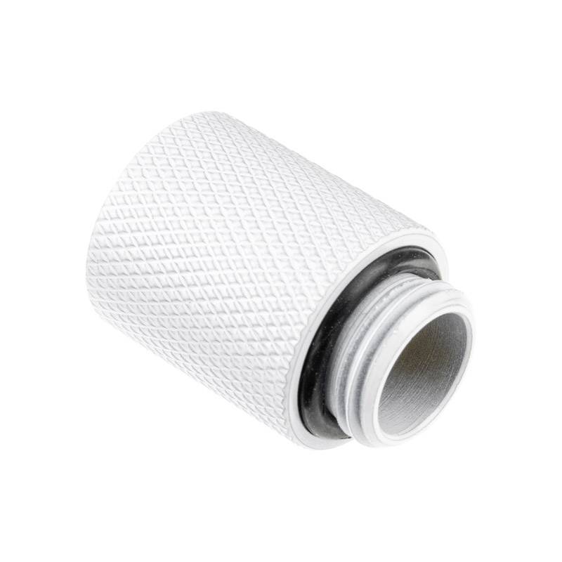 A white metal cooling connector with a ridged surface and black seal, used for PC water cooling systems.