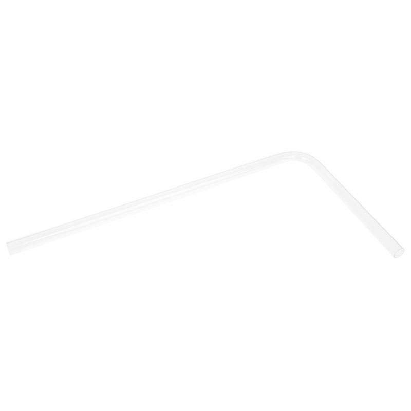 A white, curved plastic drinking straw on a white background.