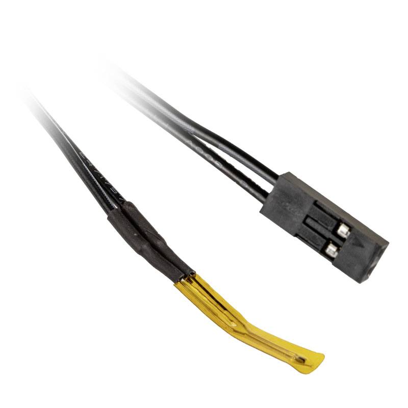 Close-up of a temperature sensor with a black plug and thin yellow sensor tip, surrounded by a black cable.