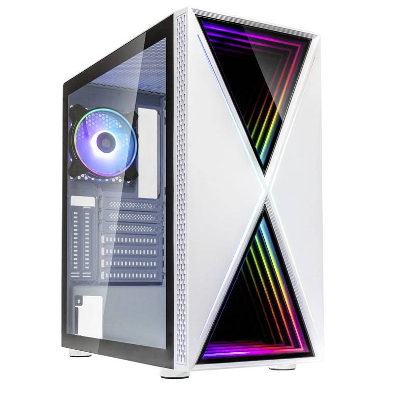 A white computer case with an illuminated fan and geometric LED patterns on the front panel.