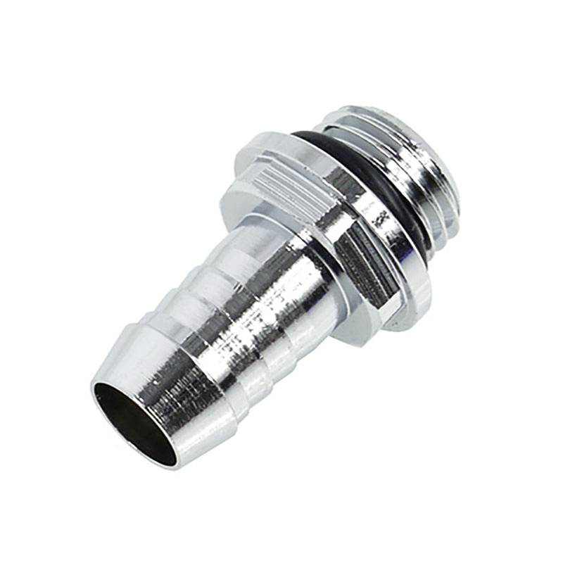 Metal coupling with ribbed hose end and threaded connection, shiny silver, for connecting hoses and pipes.