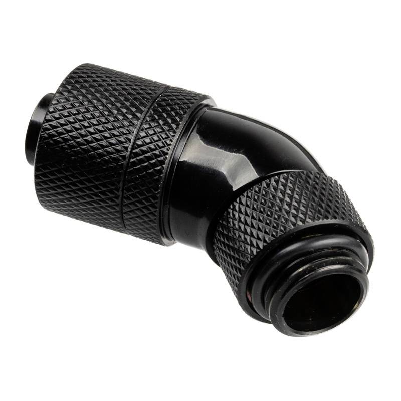 Black, angled metal connector with knurled handles, used for pipe or hose connections in technical applications.