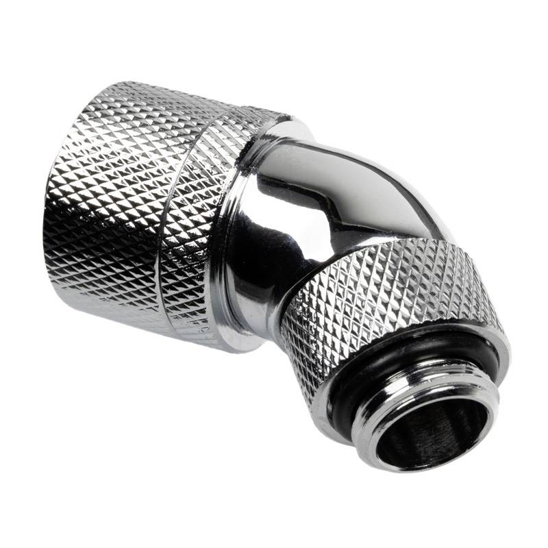 A chrome-plated metal adapter with two tapered ends and a knurled outer area for improved grip.