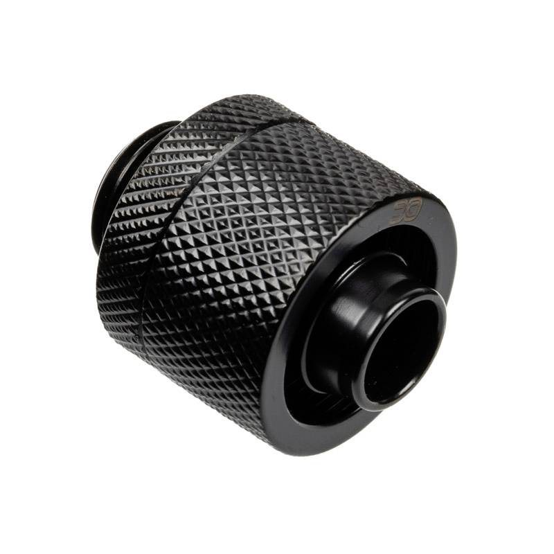 A black metal connector with a knurled surface and a straight thread. Used for pipe connection in technical applications.