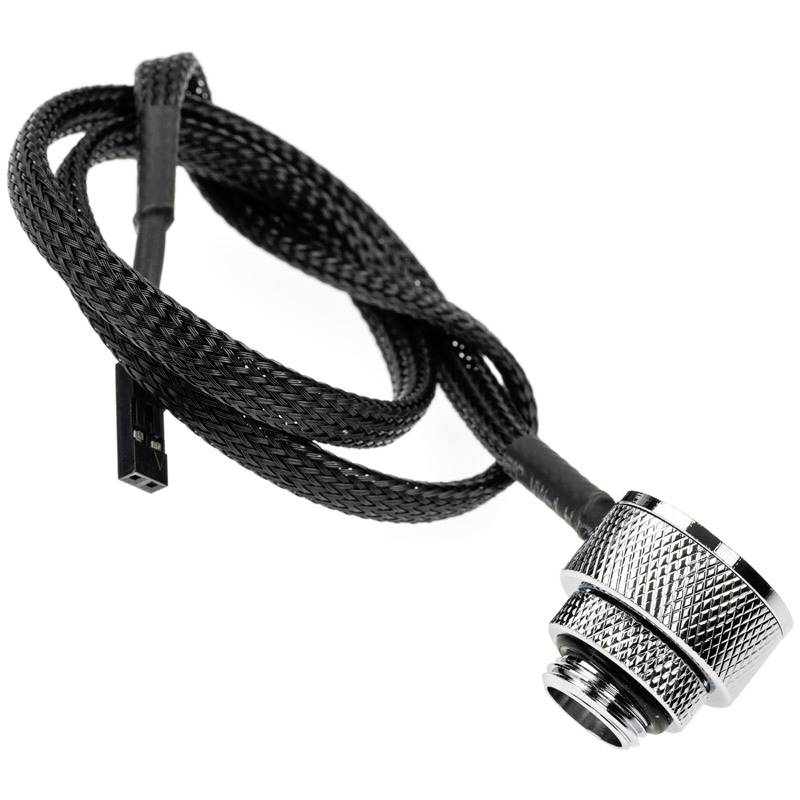 Black, braided PC cable with silver metal connector. Suitable for computer and electronic connections.