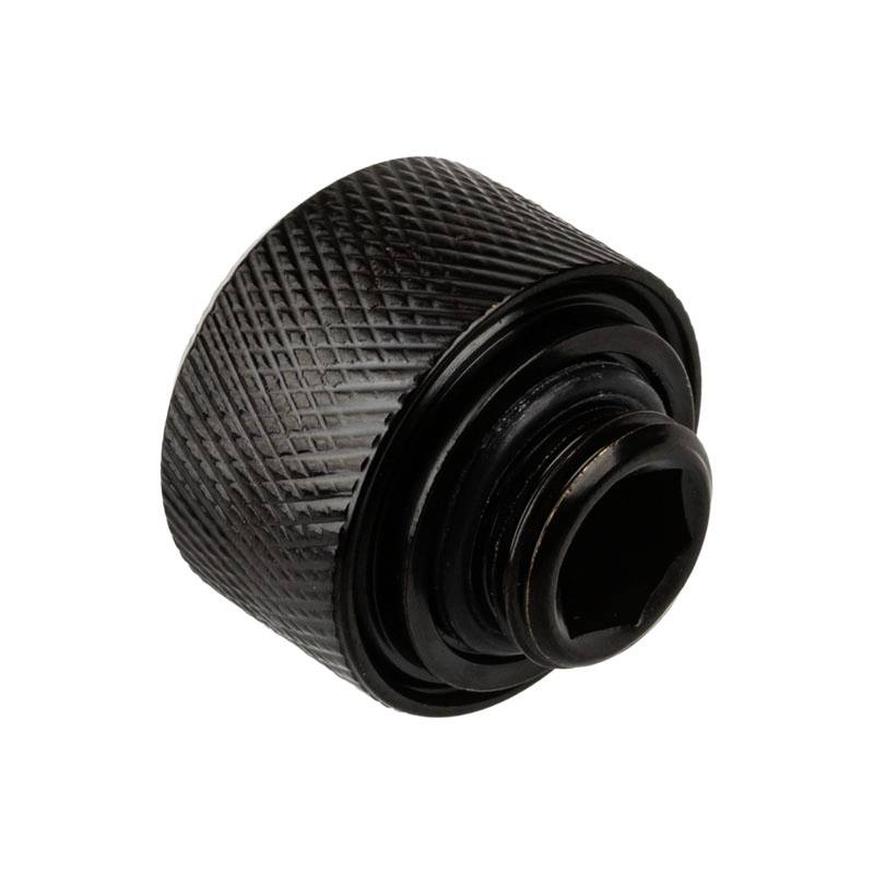 A black, knurled metal adapter with a hexagonal opening at the top, often used for connecting tools or components.