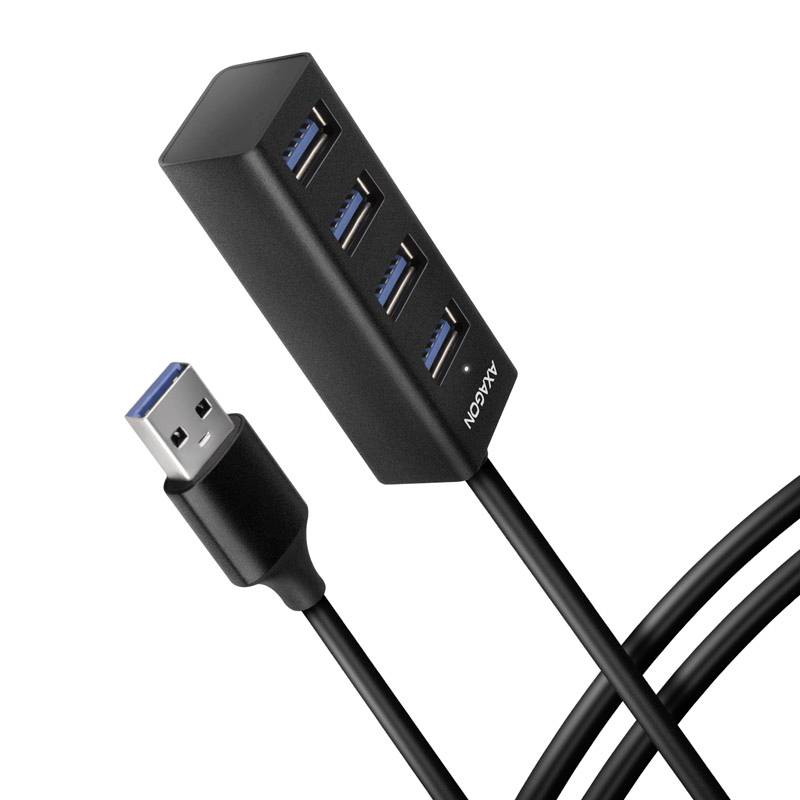 USB hub with four blue USB 3.0 ports and a connected cable with a USB plug.