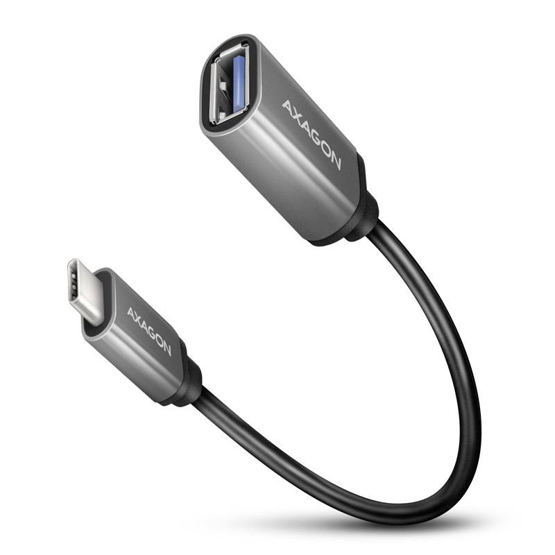 A USB-C to USB-A adapter with a silver housing and black cable. The adapter enables connections between USB-C and USB-A devices.