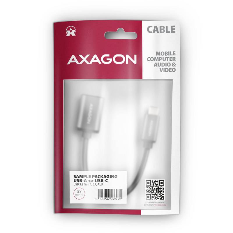Packaging of a USB cable by the brand Axagon with the inscription 'Sample Packaging USB-A to USB-C'. Contains QR code and product details.